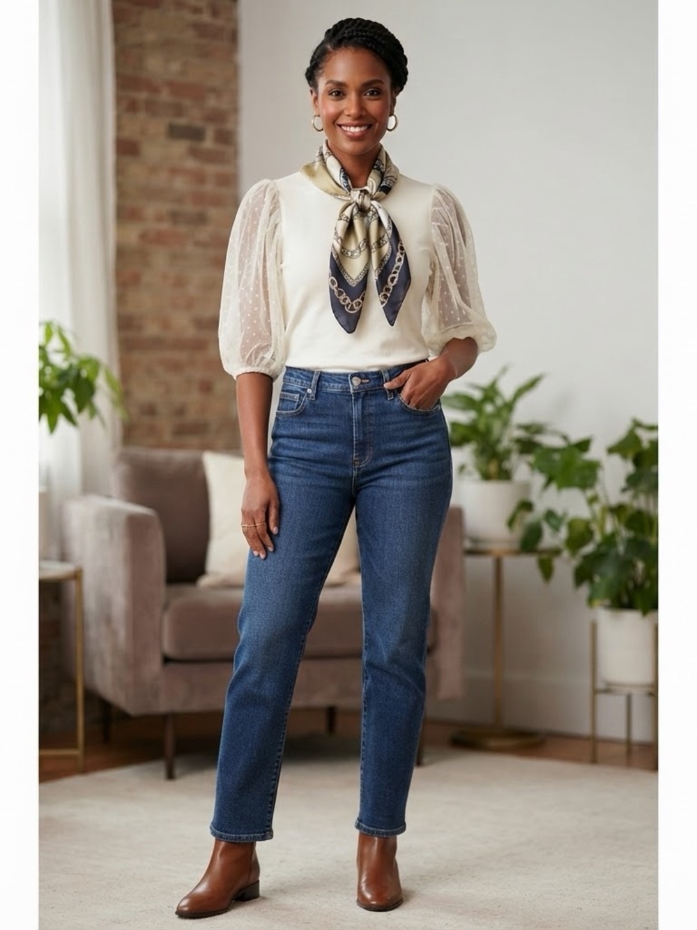 Sheer Puff-Sleeve Blouse in Cream